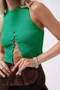 Stone Detay Cutout Green Crop Blouse