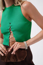 Stone Detay Cutout Green Crop Blouse