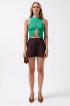 Stone Detay Cutout Green Crop Blouse