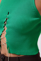 Stone Detay Cutout Green Crop Blouse