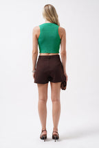 Stone Detay Cutout Green Crop Blouse