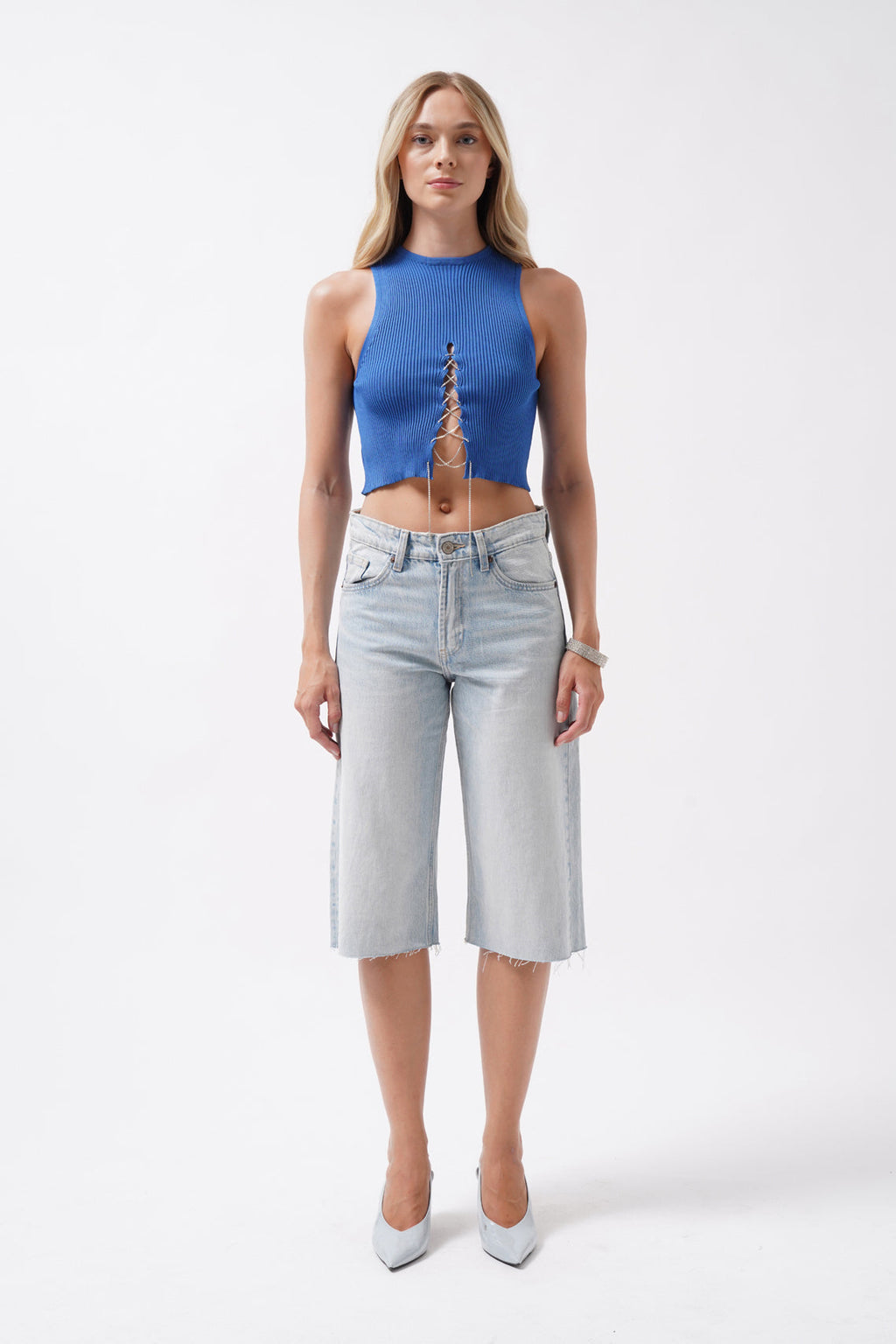 Stone Detay Cutout Saxe Blue Crop Blouse