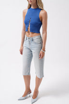 Stone Detay Cutout Saxe Blue Crop Blouse