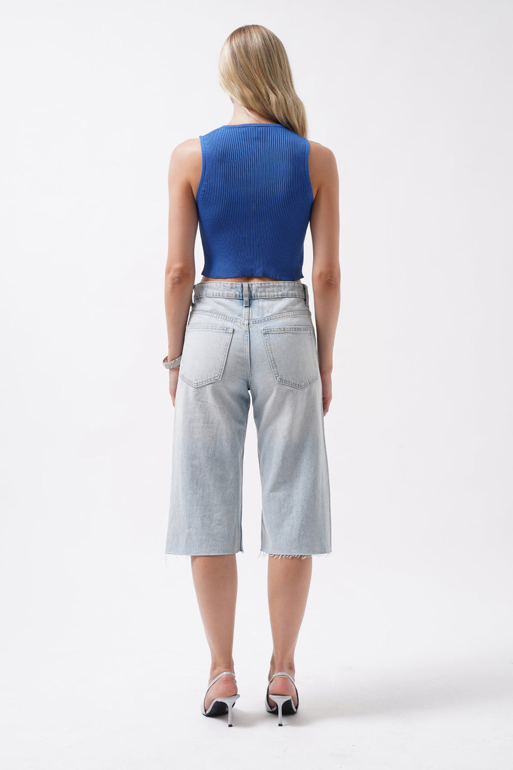 Stone Detay Cutout Saxe Blue Crop Blouse