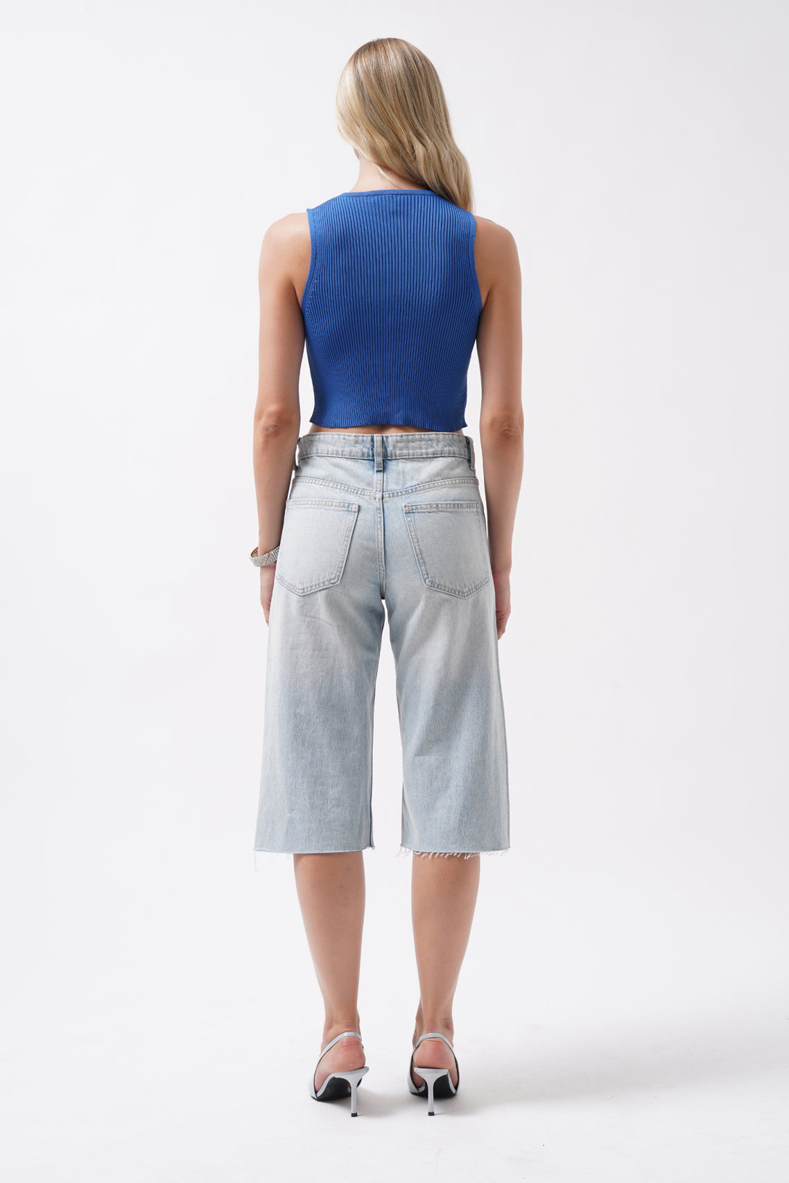 Stone Detay Cutout Saxe Blue Crop Blouse