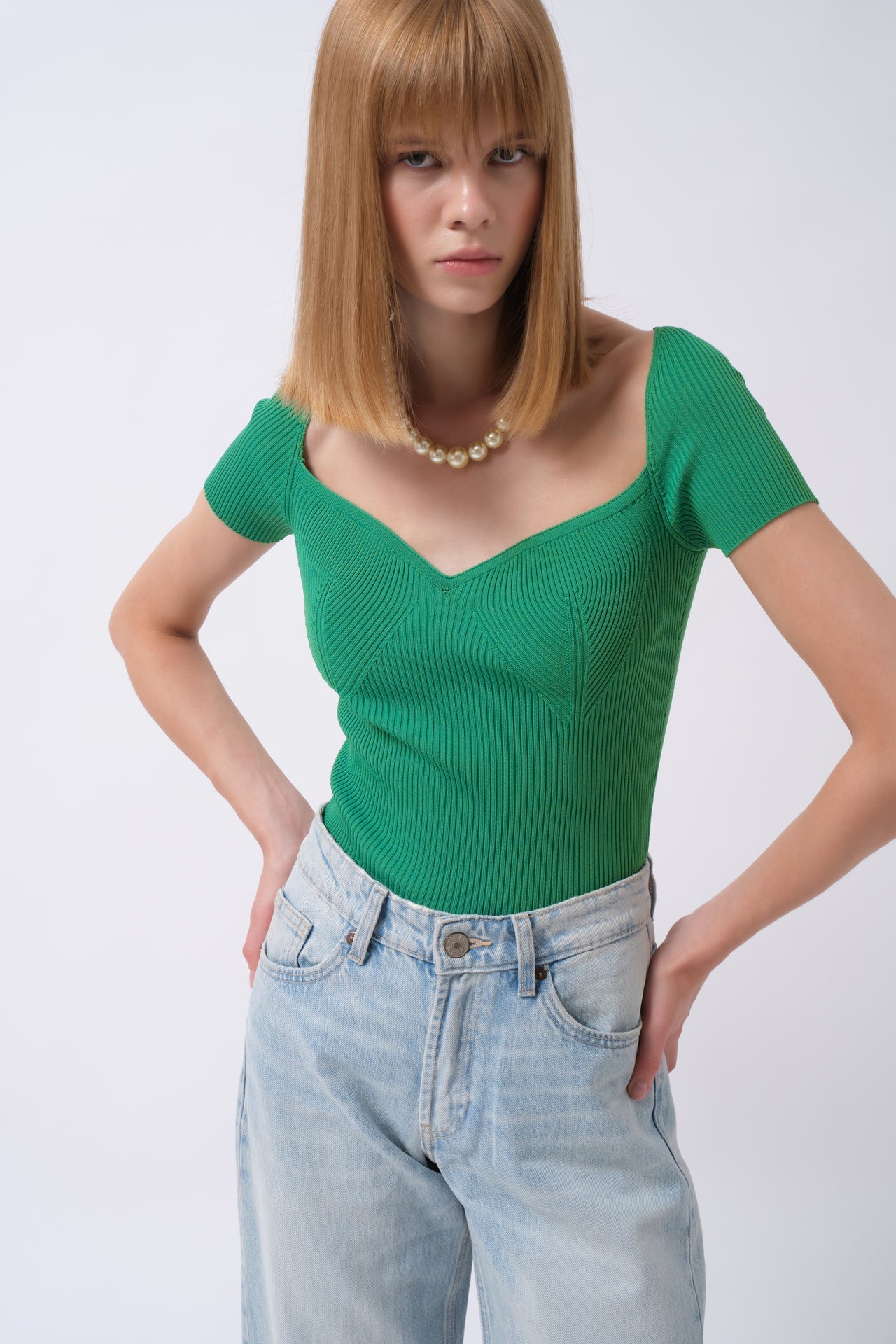 Square Neck Green Knit Blouse