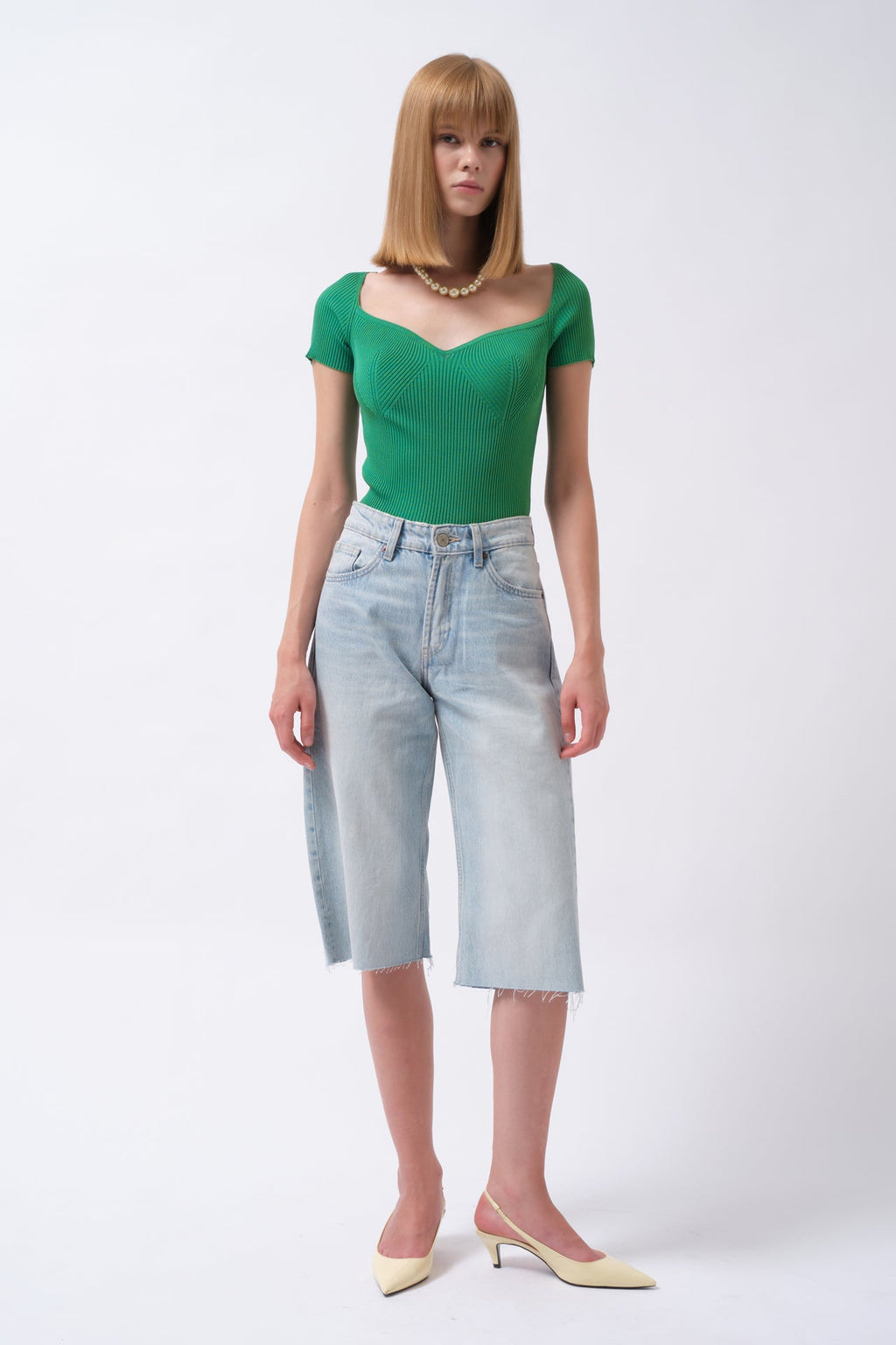 Square Neck Green Knit Blouse