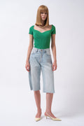 Square Neck Green Knit Blouse