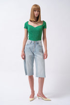 Square Neck Green Knit Blouse