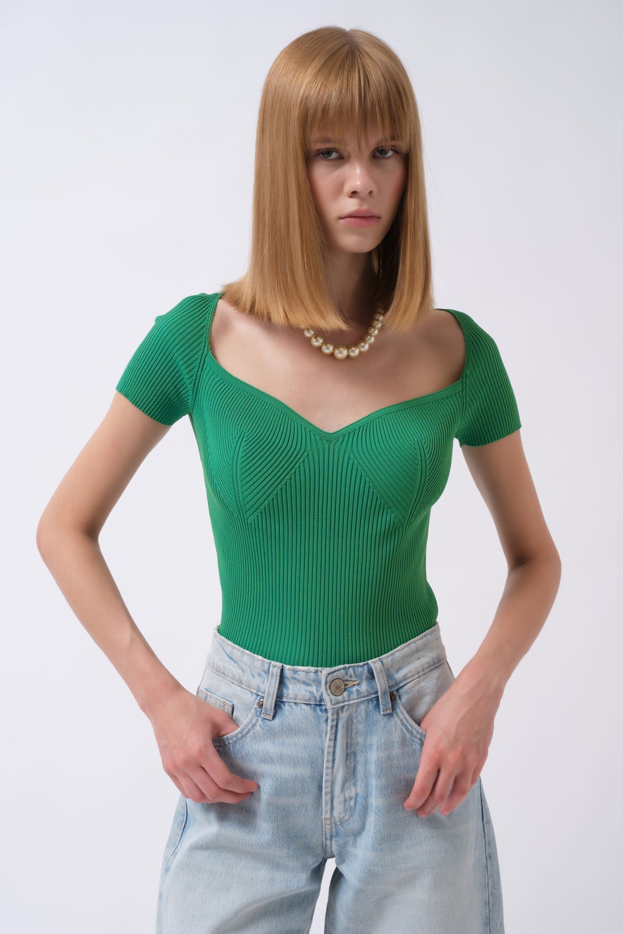 Square Neck Green Knit Blouse