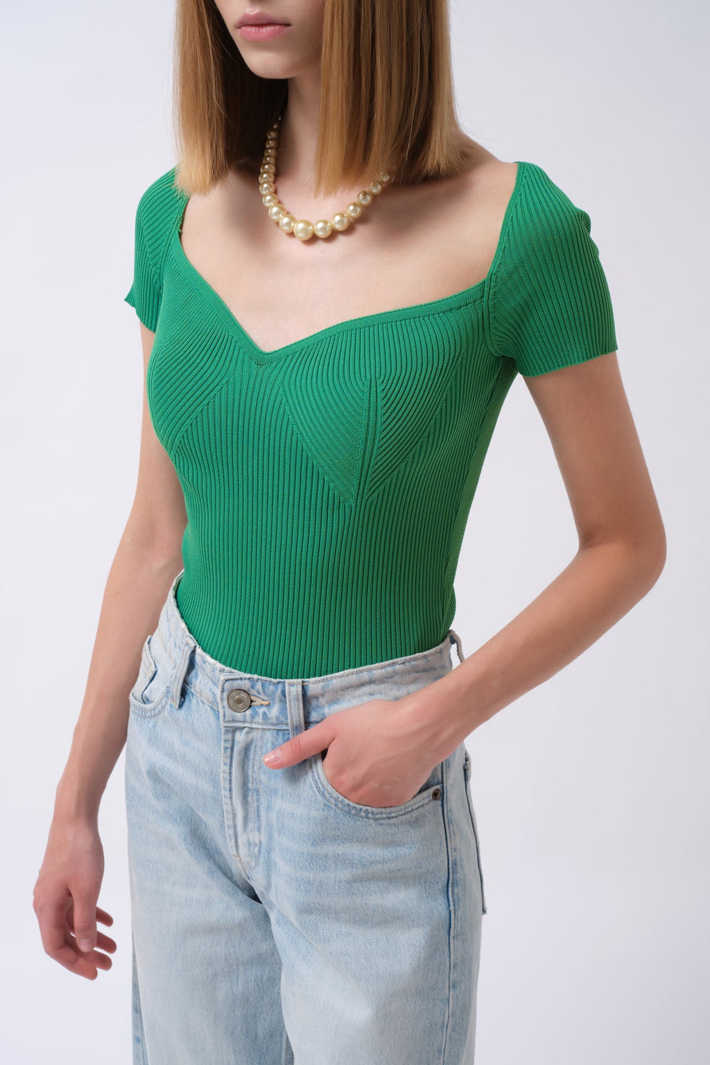 Square Neck Green Knit Blouse