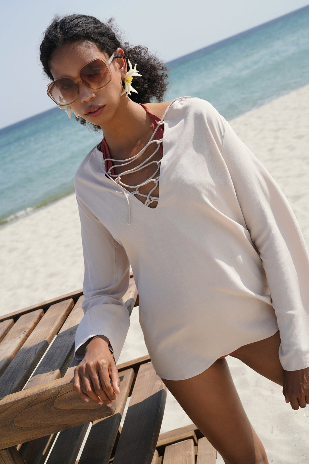 Lace-Up Beige Linen Blouse