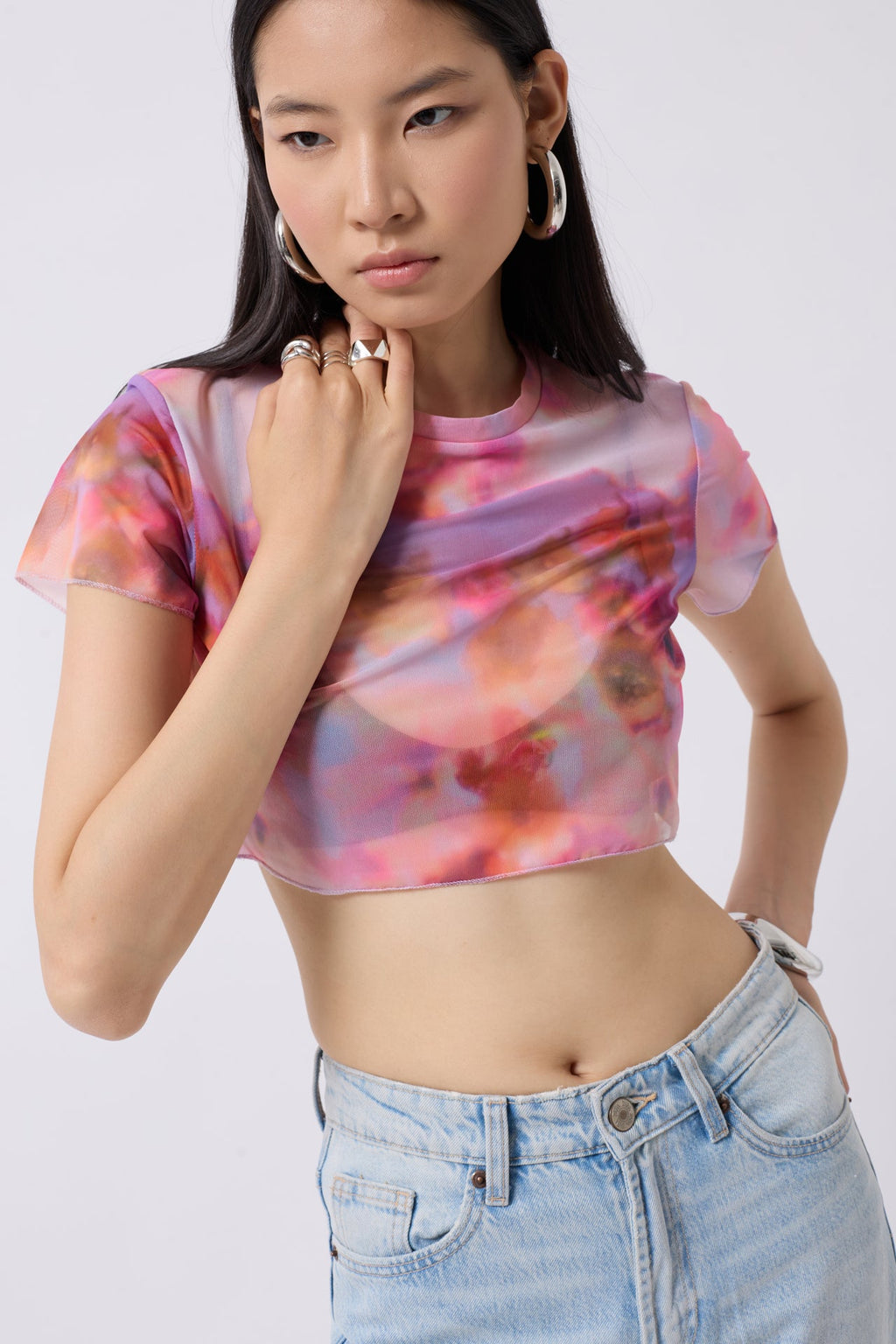 Patterned Half Sleeve Tulle Pink Blouse
