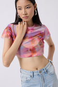 Patterned Half Sleeve Tulle Pink Blouse
