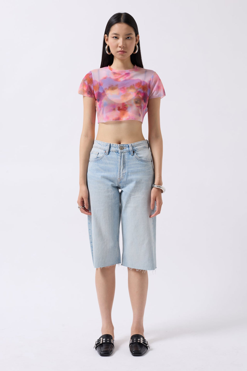 Patterned Half Sleeve Tulle Pink Blouse
