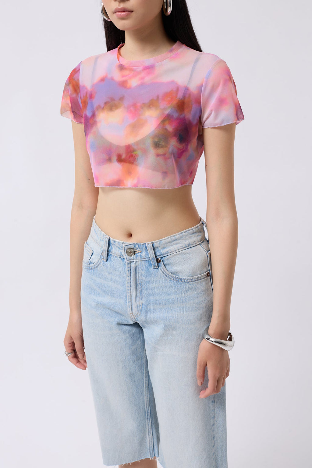 Patterned Half Sleeve Tulle Pink Blouse