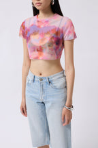 Patterned Half Sleeve Tulle Pink Blouse