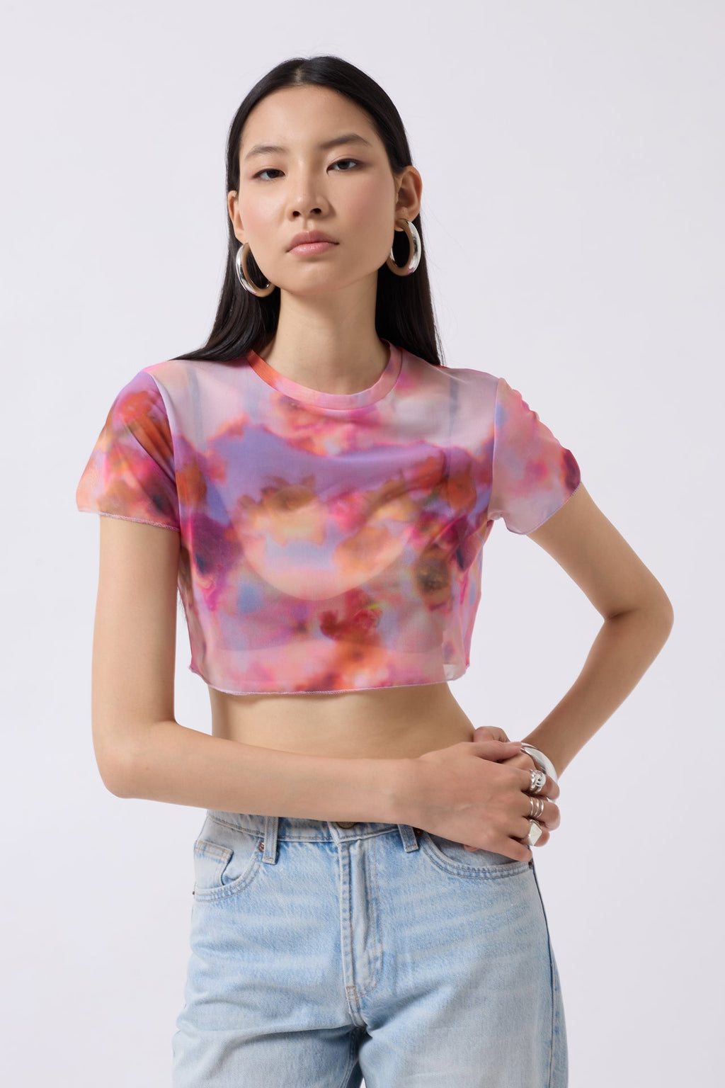 Patterned Half Sleeve Tulle Pink Blouse