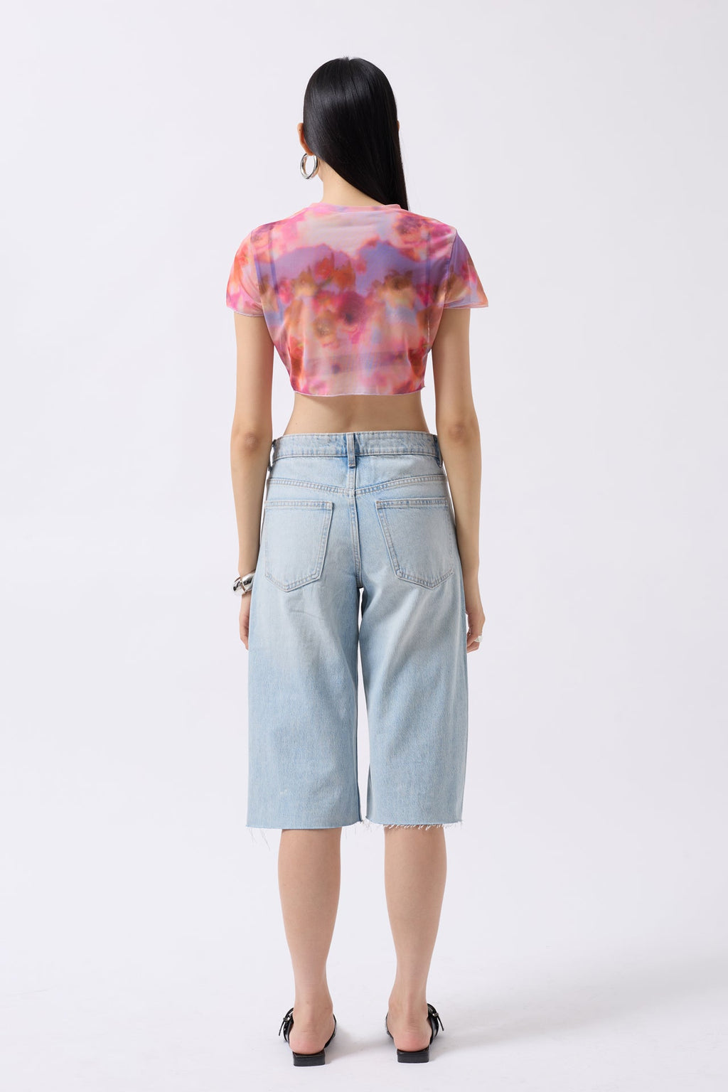 Patterned Half Sleeve Tulle Pink Blouse