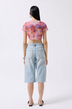 Patterned Half Sleeve Tulle Pink Blouse