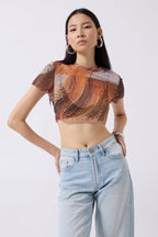 Patterned Half Sleeve Tulle Orange Blouse