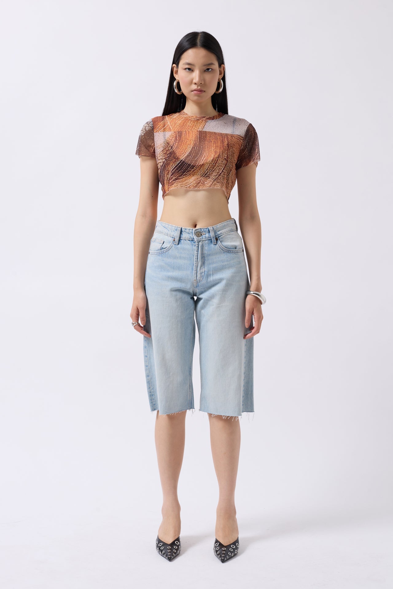 Patterned Half Sleeve Tulle Orange Blouse