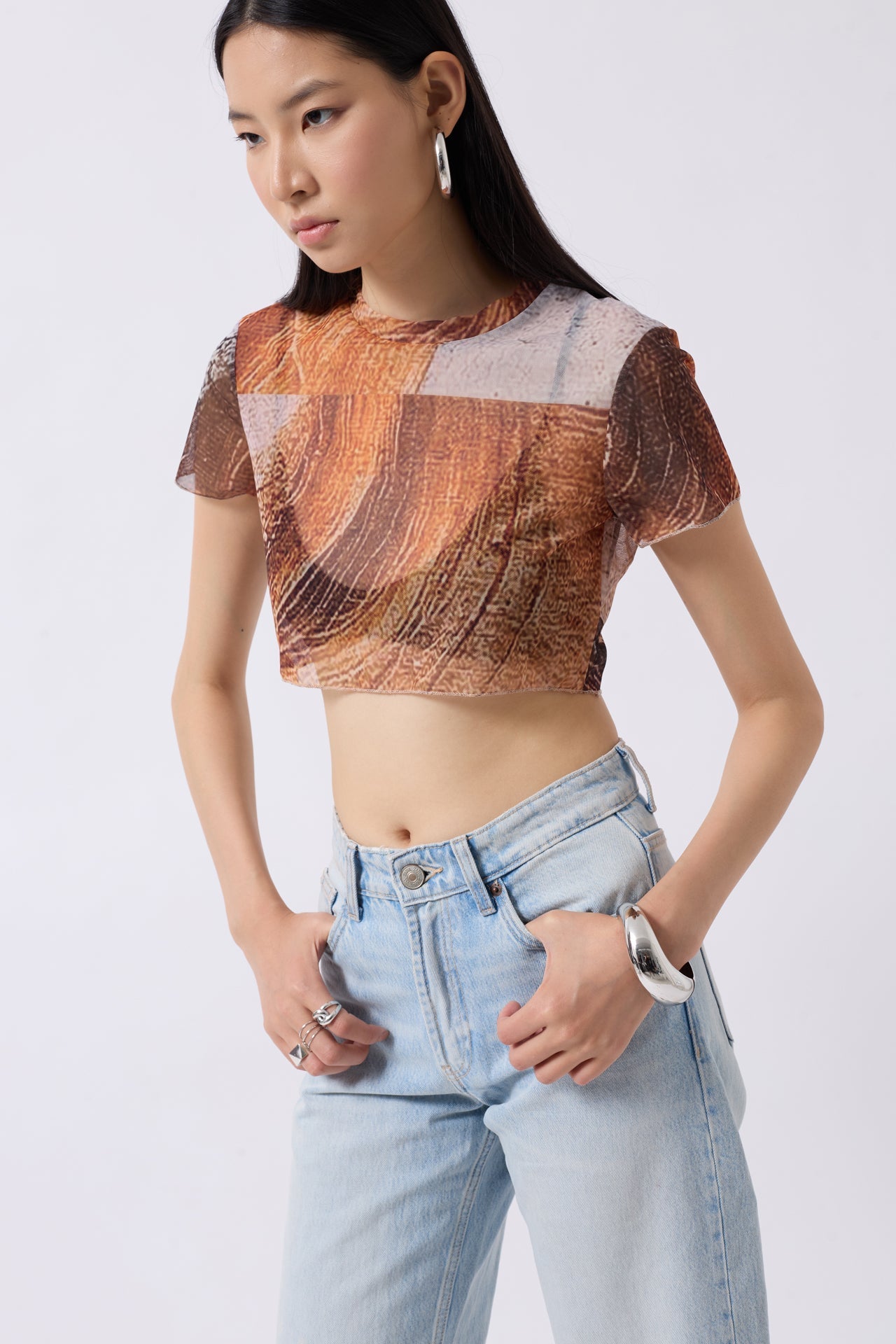 Patterned Half Sleeve Tulle Orange Blouse