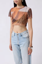 Patterned Half Sleeve Tulle Orange Blouse