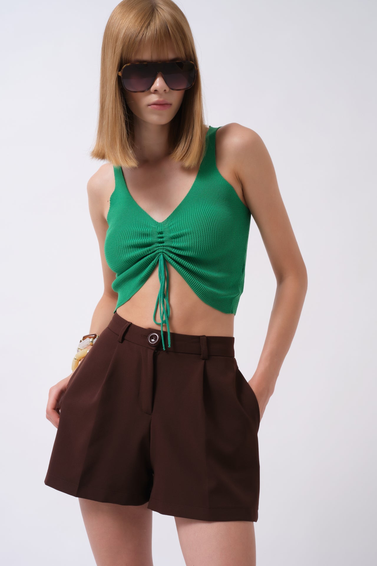 Front Ruched Green Crop Blouse