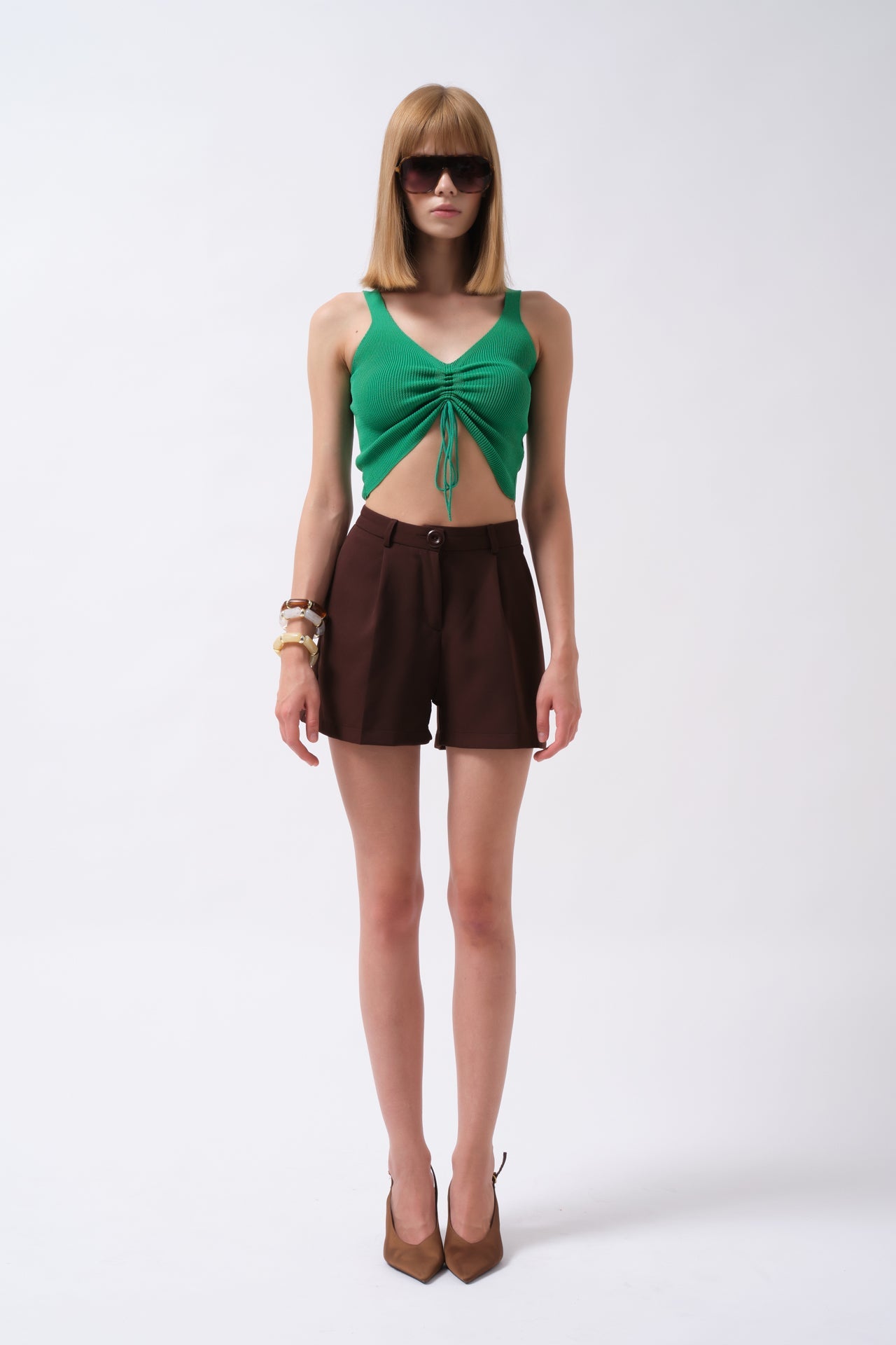 Front Ruched Green Crop Blouse