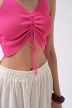 Front Ruched Fuchsia Crop Blouse