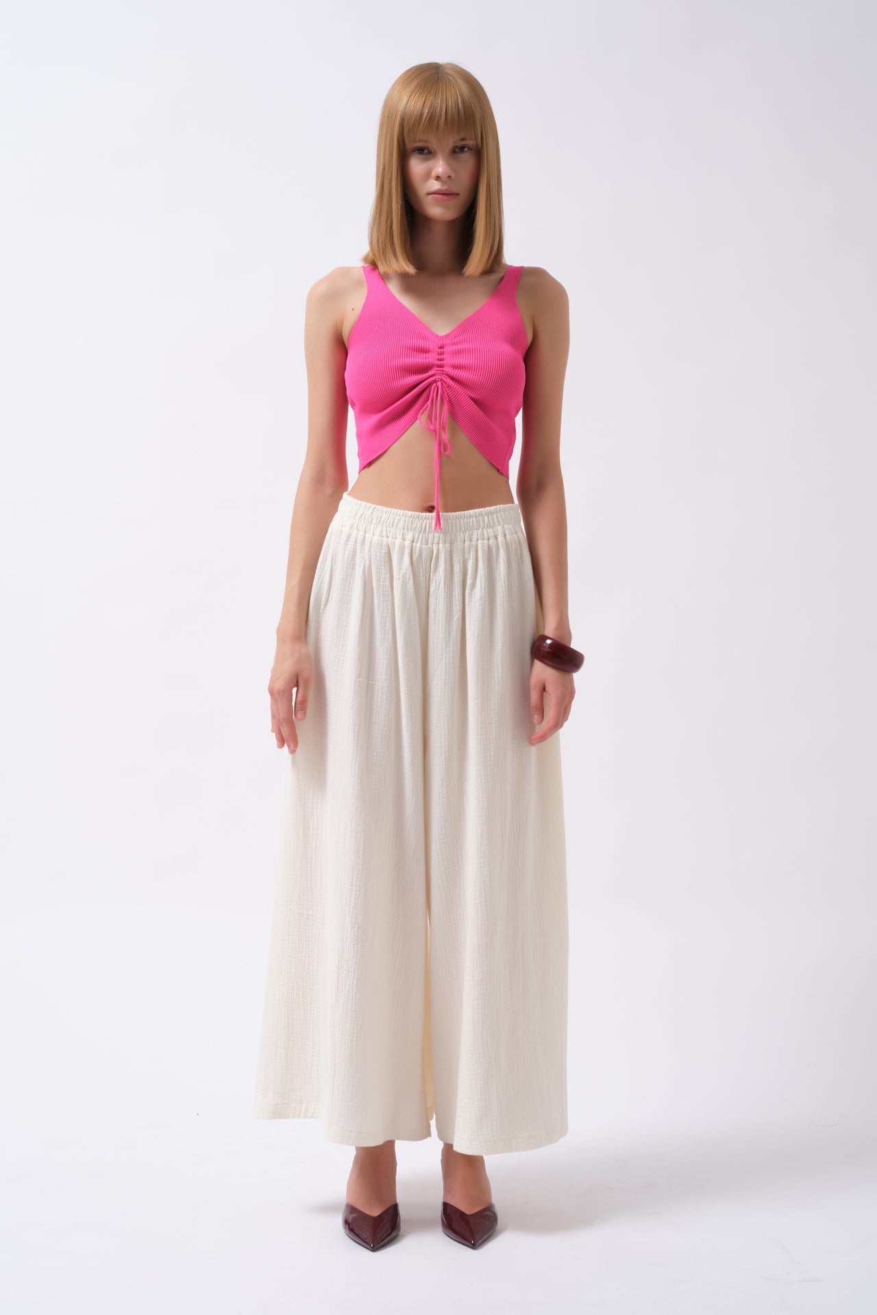 Front Ruched Fuchsia Crop Blouse