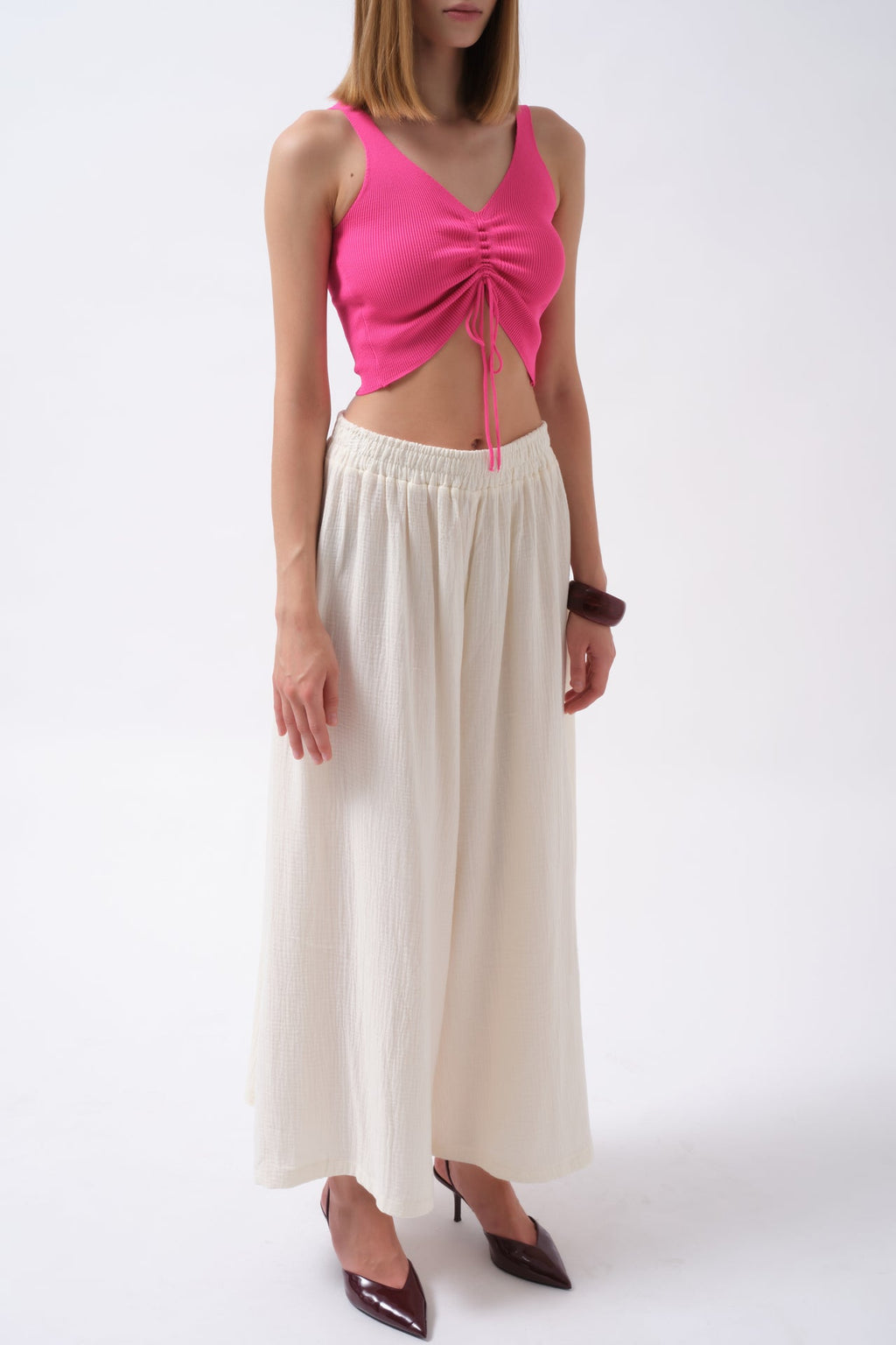 Front Ruched Fuchsia Crop Blouse