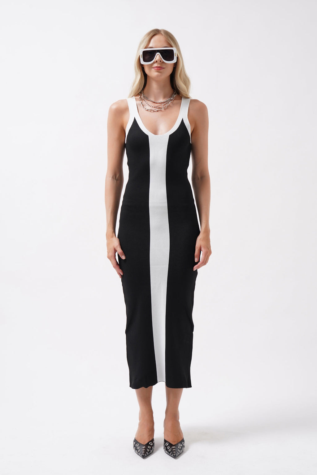 Two-Tone Slit Detail Black White Dress