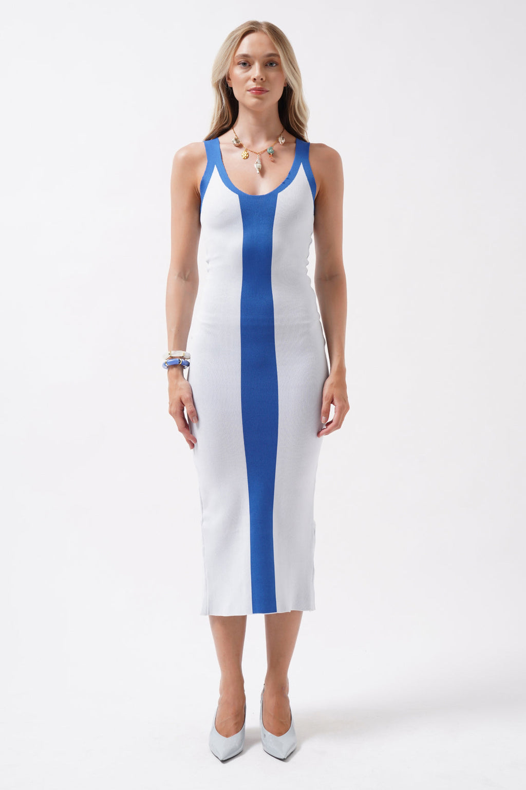 Two-Tone Slit Detail White Saxe Blue Dress