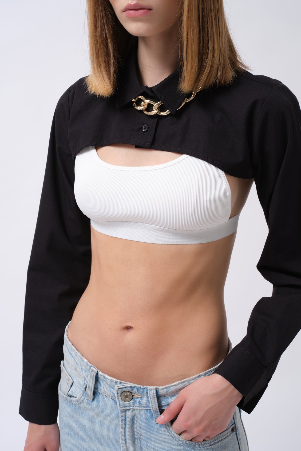 Oval Cut Black Crop Shirt