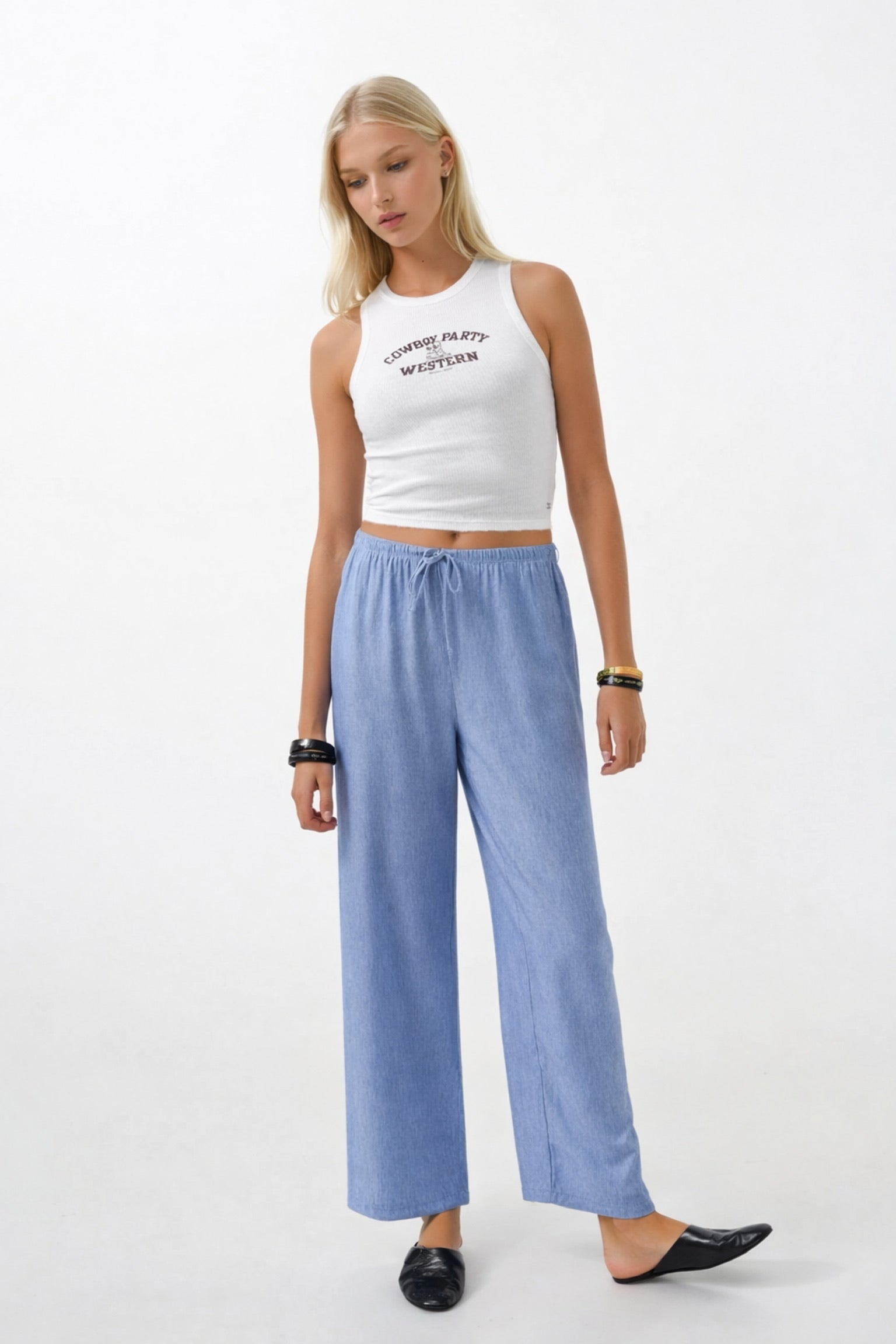 Thin Belt Tie Detail Light Blue Pants
