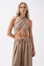 Low Waist Oversized Linen Beige Trousers