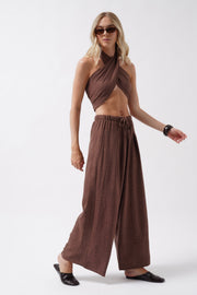 Low Waist Oversized Linen Brown Trousers