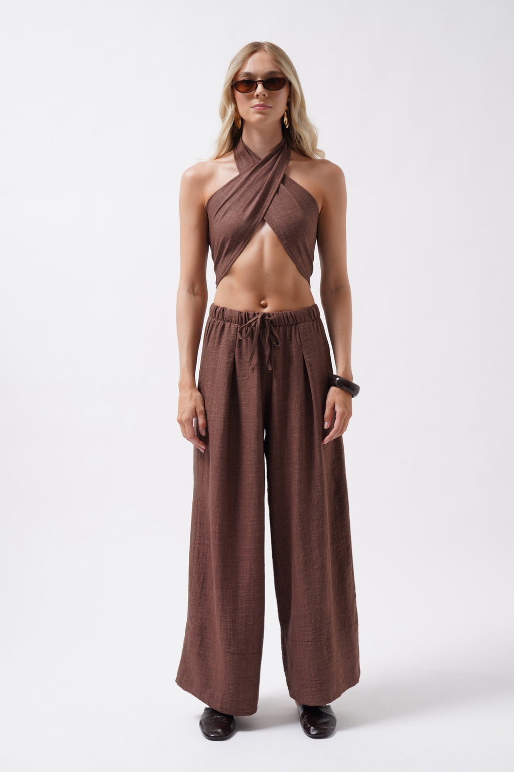 Low Waist Oversize Linen Brown Pants