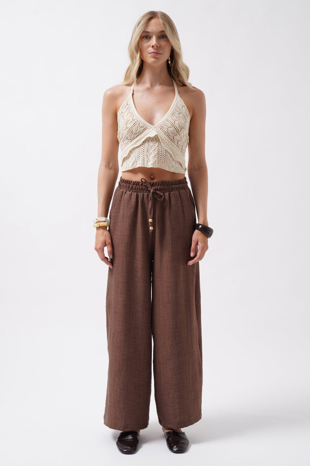 Accessory Detail Linen Dark Brown Pants