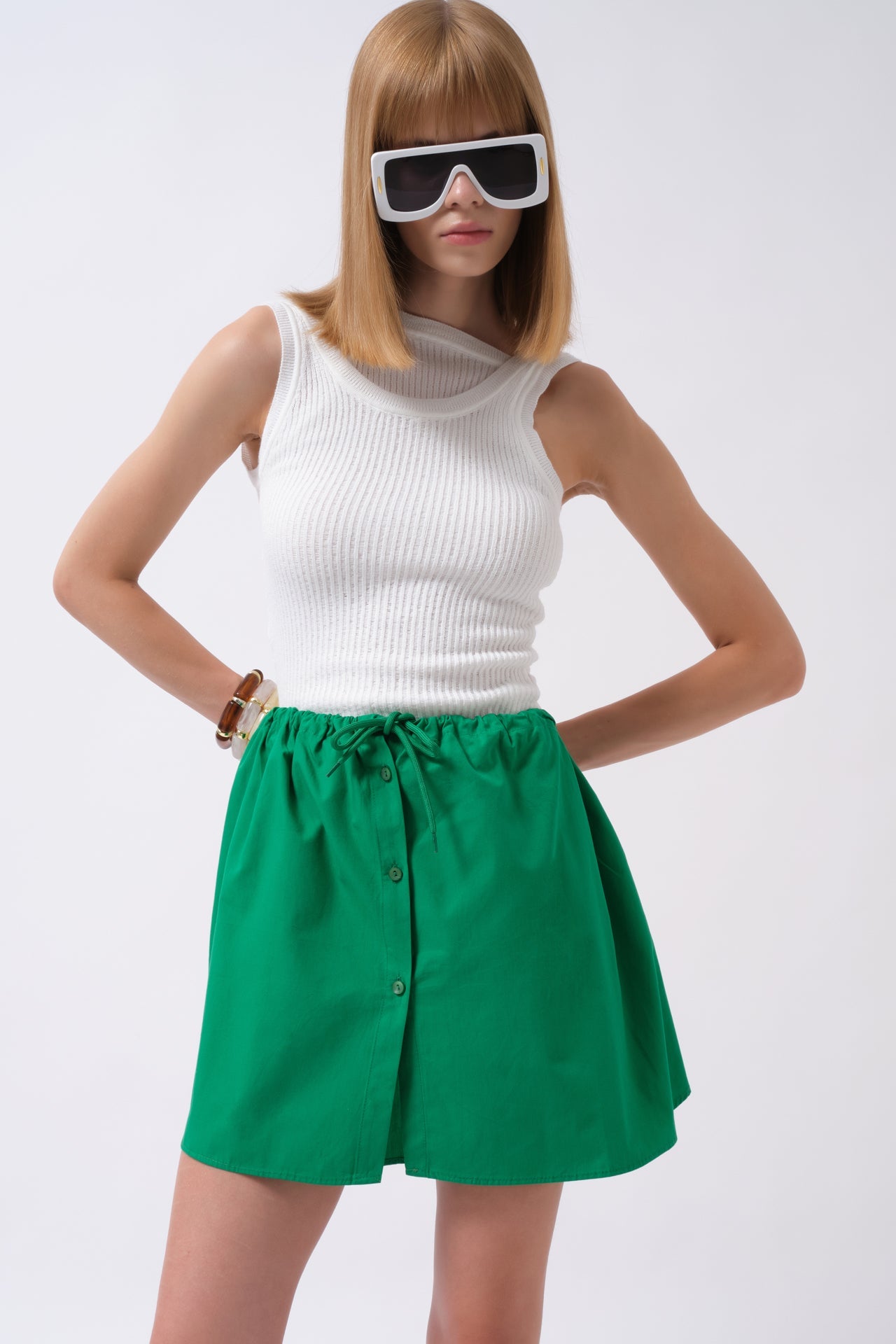 Elastic Waist Buttoned Green Mini Skirt