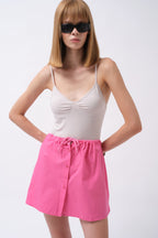 Elastic Waist Buttoned Fuchsia Mini Skirt