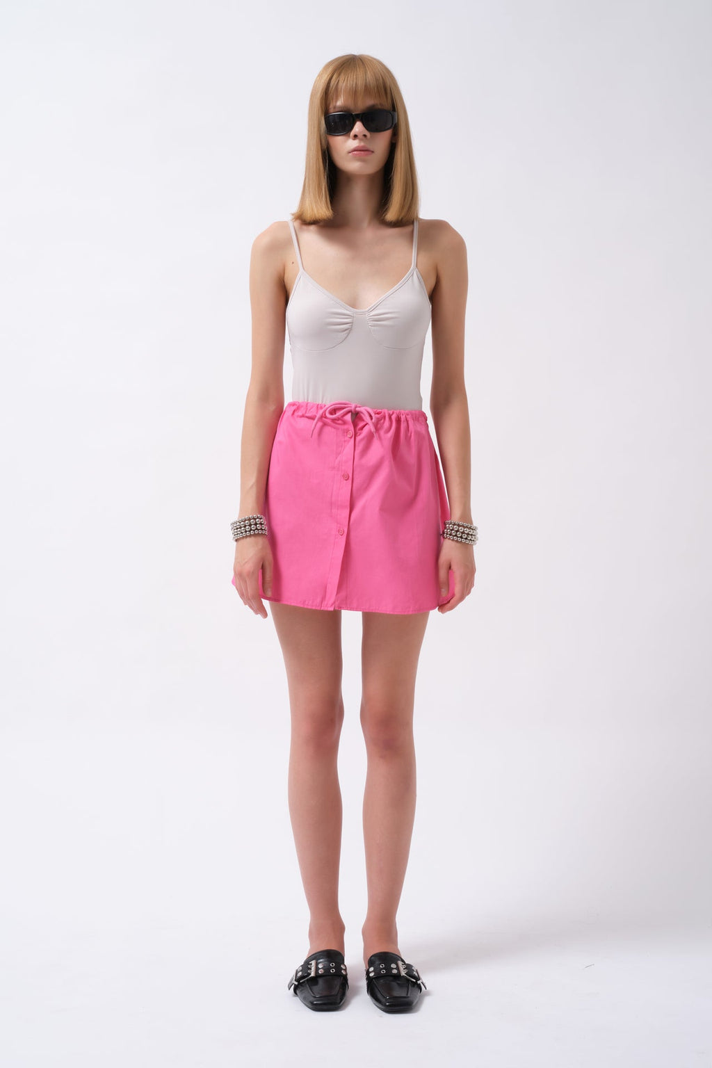 Elastic Waist Buttoned Fuchsia Mini Skirt