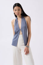 V Neck Back Cutout Gray Blouse