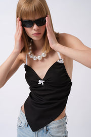 Front Gather Detail Back Tie Black Blouse