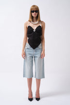 Front Ruched Detail Back Tie Black Blouse