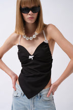 Front Ruched Detail Back Tie Black Blouse
