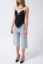 Front Ruched Detail Back Tie Black Blouse