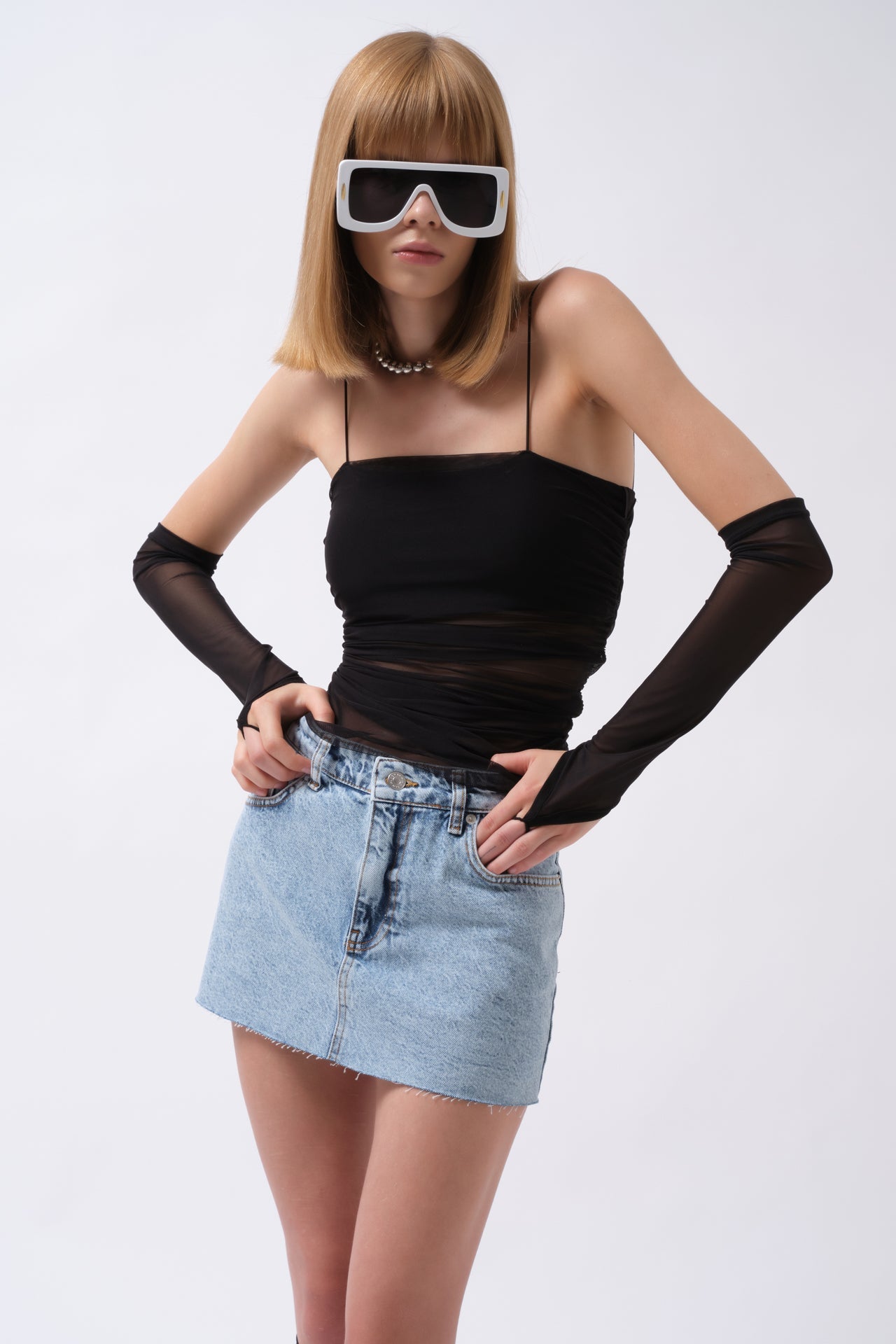 Sleevek Detay Strappy Black Tulle Blouse